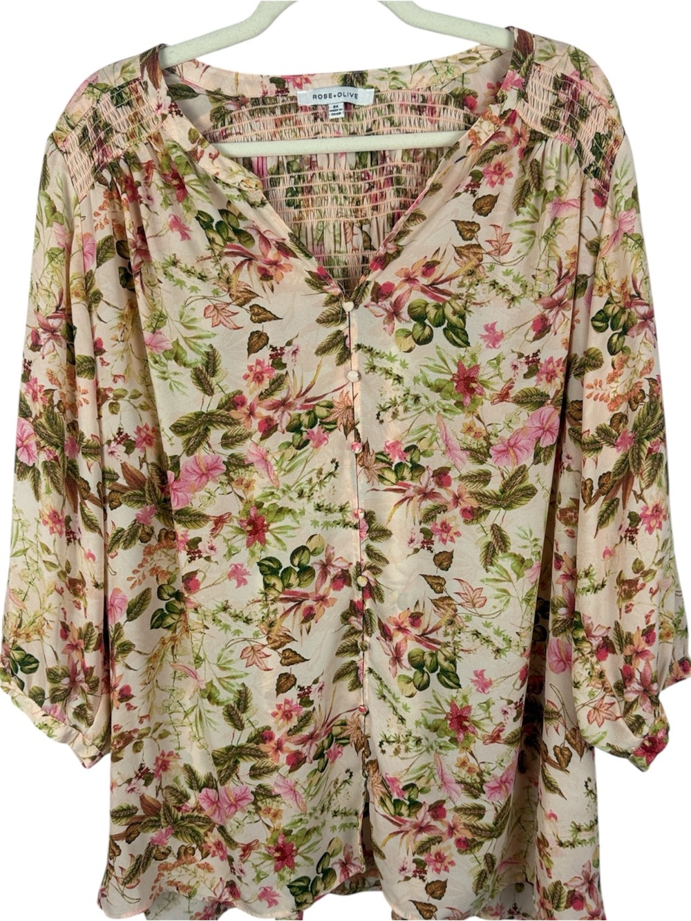 Rose & Olive Cream Floral Button-Front 2X Blouse in Pink & Green Print
